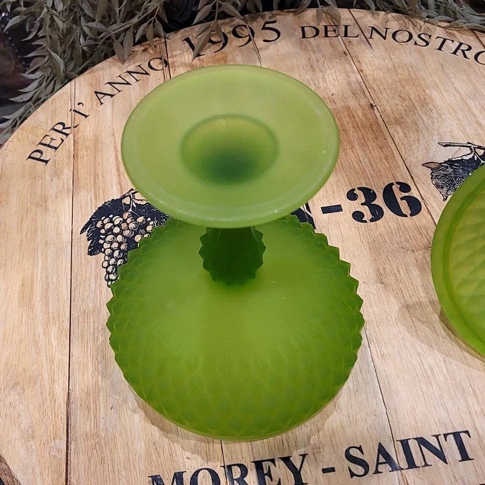 Vintage Satin Green Diamond Cut Indiana Glass Pedestal Candy Dish MCM
